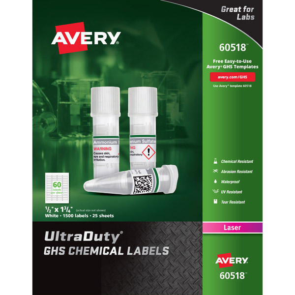 Avery Ultraduty Ghs Chemical Labels 1 2 Inch X 1 3 4 Inch For Laser Printers On 8 1 2 Inch X 11 Inch